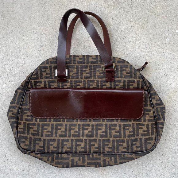 Vintage Classic FENDI Zucca Shoulder Bag with Brown Leather Pocket and Straps - Picture 1 of 13